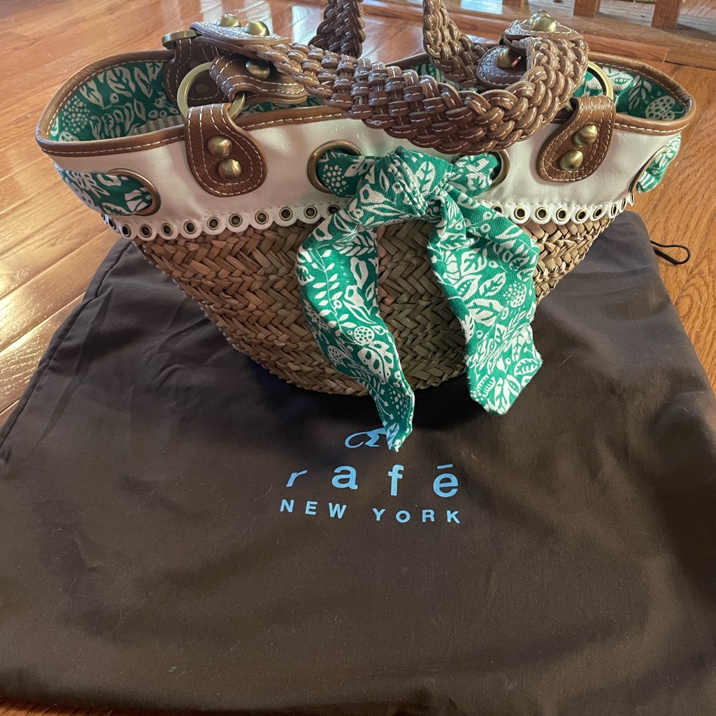 Nwt Rafe New York 'Treasures' Raffia And Leather Handbag With Bow And Dust Bag